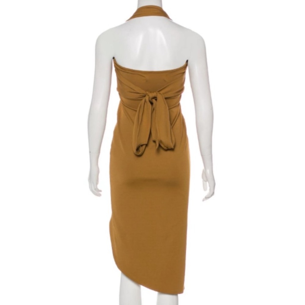House of Harlow Elegant Tan Halter Dress MIDI Asymmetrical Side Slit Dress! - Picture 2 of 8